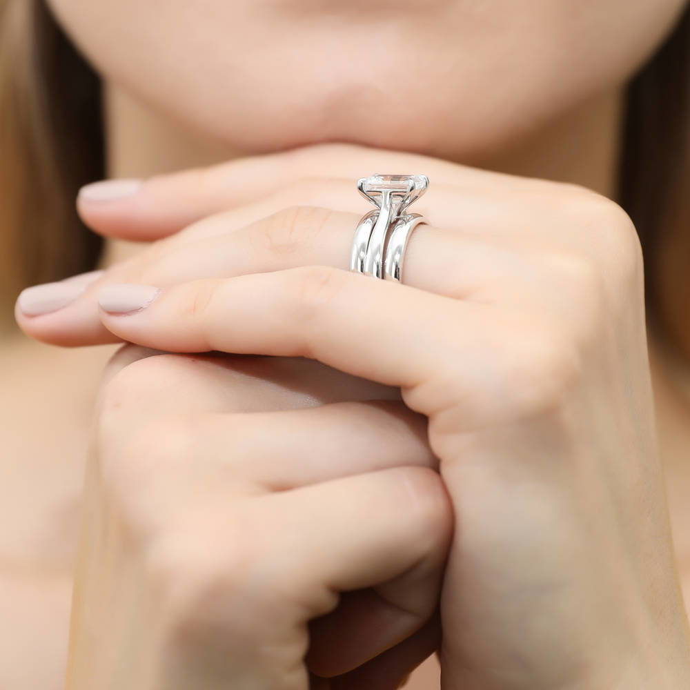 Model wearing Solitaire 2.6ct Emerald Cut CZ Ring Set in Sterling Silver, 6 of 12