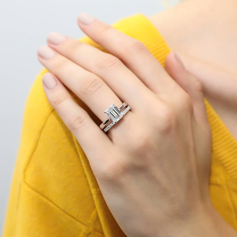 Model wearing Solitaire 2.6ct Emerald Cut CZ Ring Set in Sterling Silver, 2 of 16