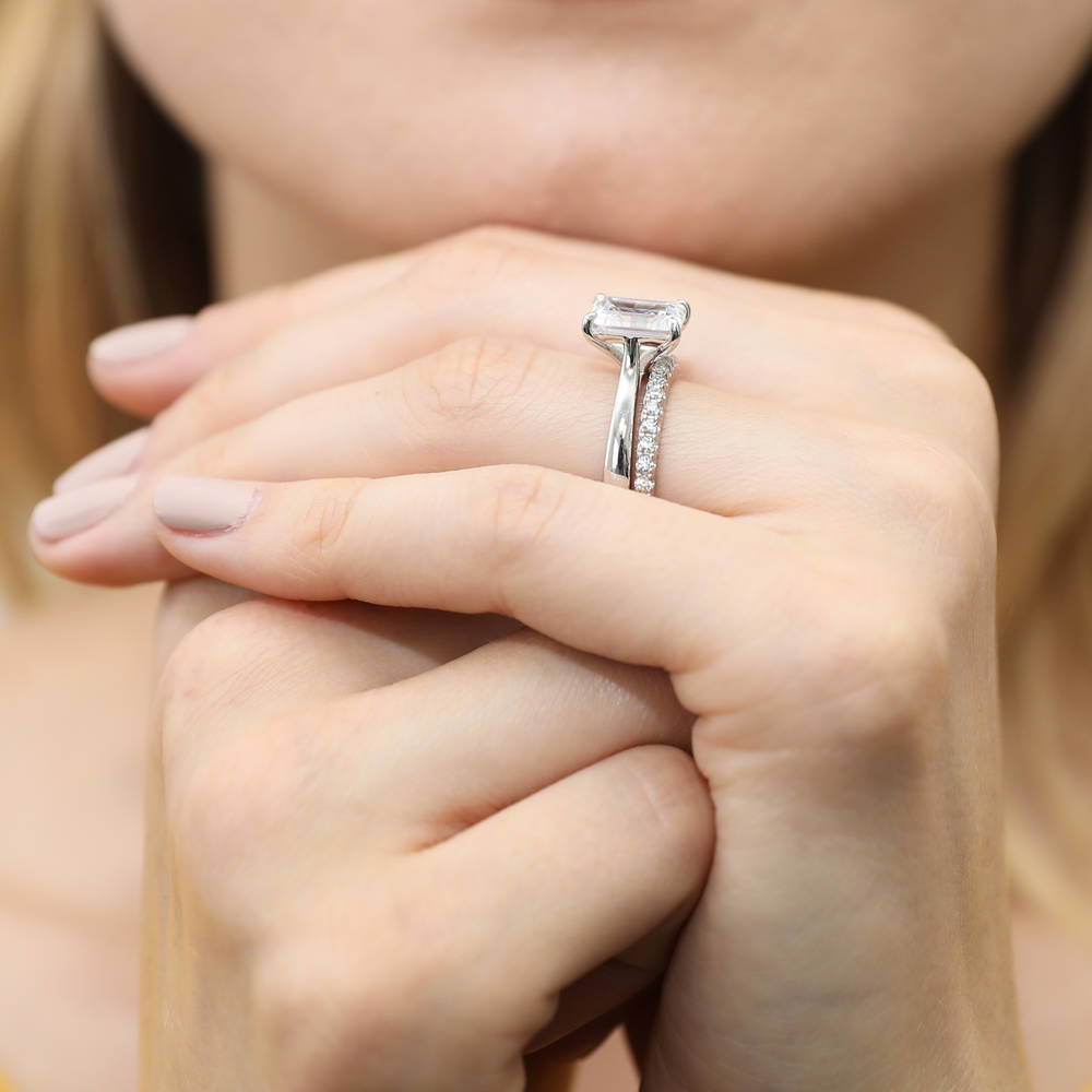 Model wearing Solitaire 2.6ct Emerald Cut CZ Ring Set in Sterling Silver, 6 of 16