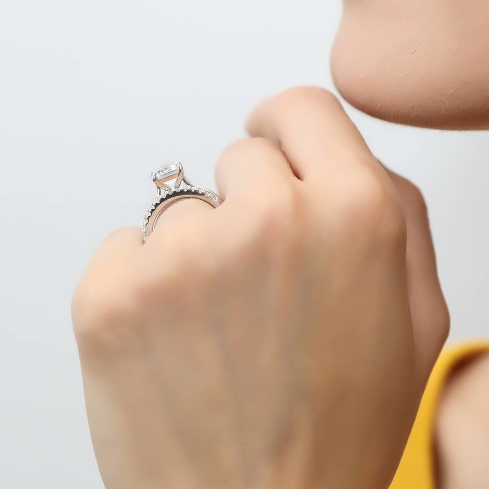 Model wearing Solitaire 2.6ct Emerald Cut CZ Ring Set in Sterling Silver, 3 of 16