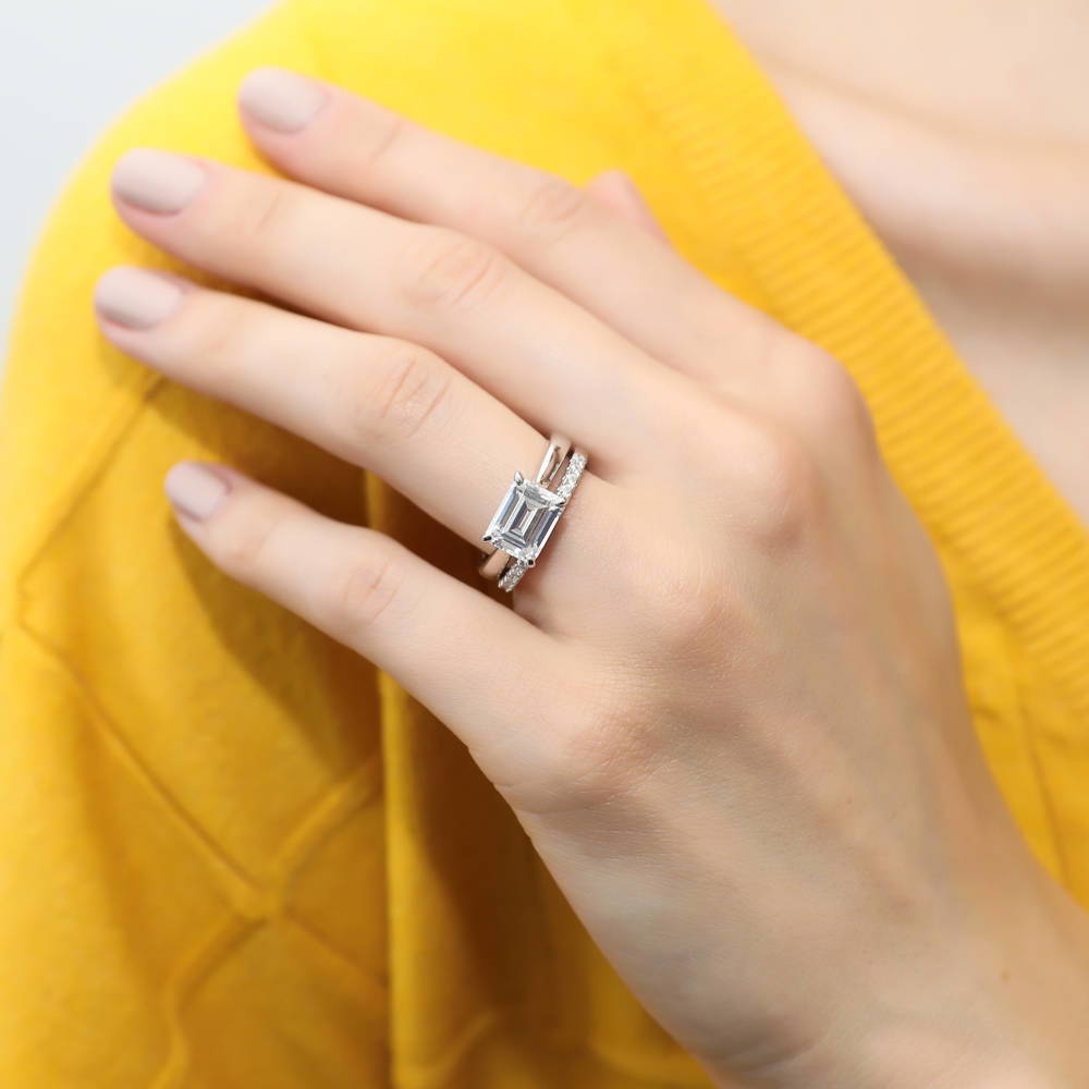 Model wearing East-West Solitaire CZ Ring Set in Sterling Silver