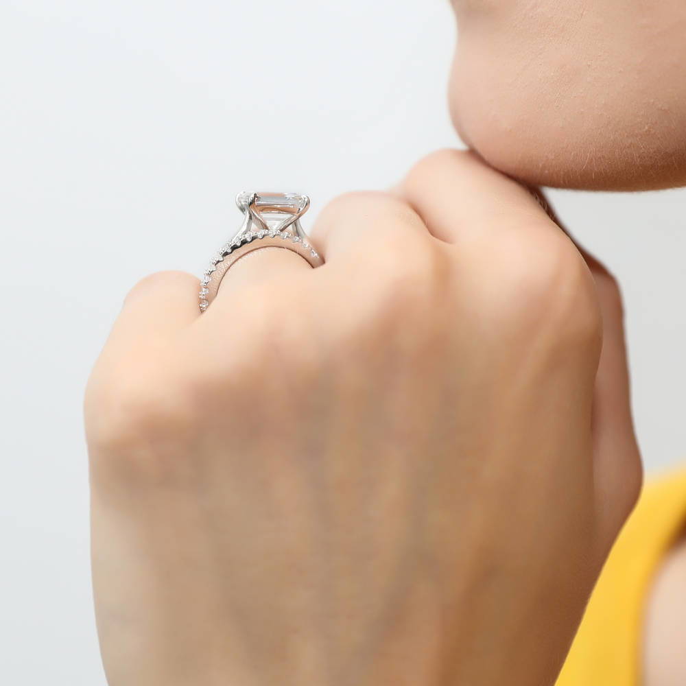 Model wearing East-West Solitaire CZ Ring Set in Sterling Silver