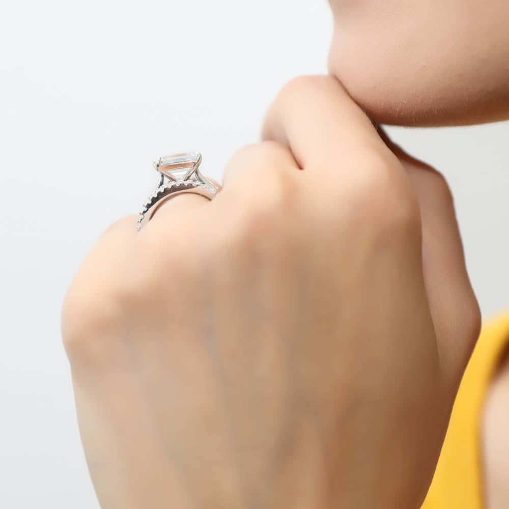 Model wearing East-West Solitaire CZ Ring Set in Sterling Silver