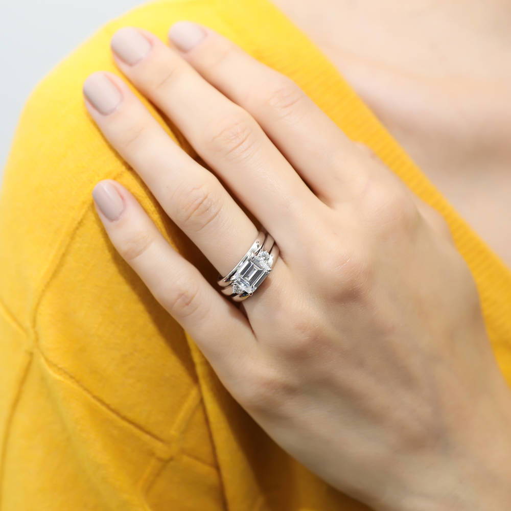 3-Stone East-West Emerald Cut CZ Ring Set in Sterling Silver