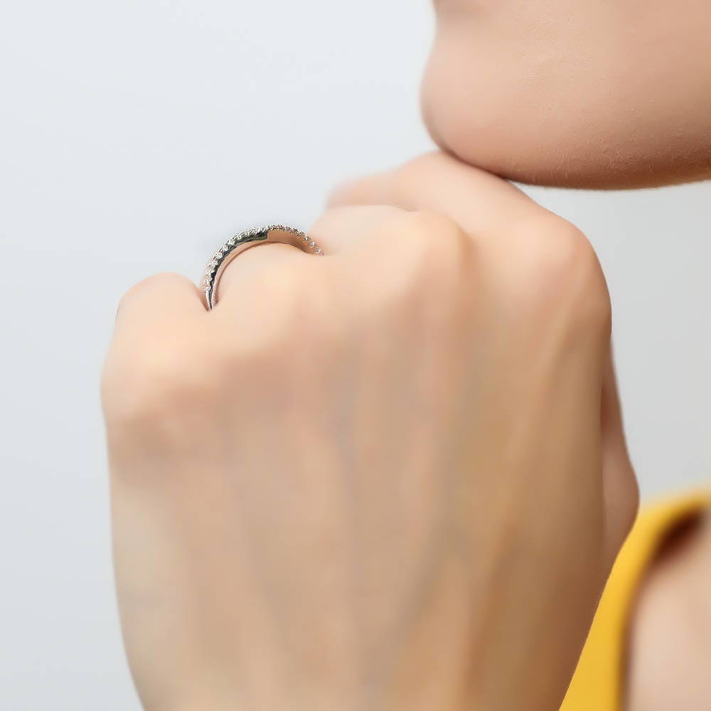 Model wearing Wishbone CZ Curved Half Eternity Ring in Sterling Silver