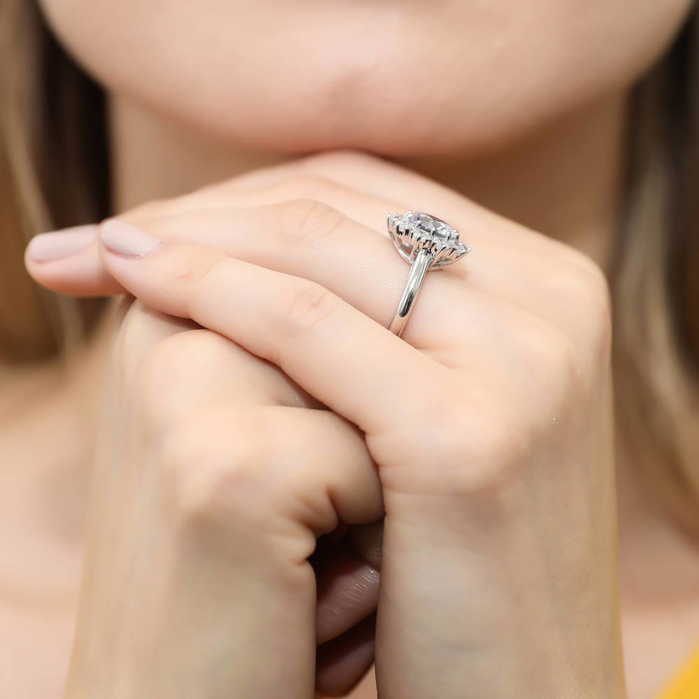 Model wearing Flower Halo CZ Statement Ring in Sterling Silver