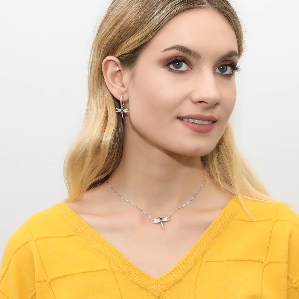 Model wearing Dragonfly CZ Pendant Necklace in Sterling Silver