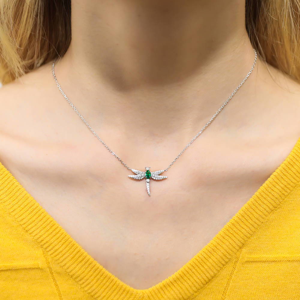 Model wearing Dragonfly CZ Pendant Necklace in Sterling Silver