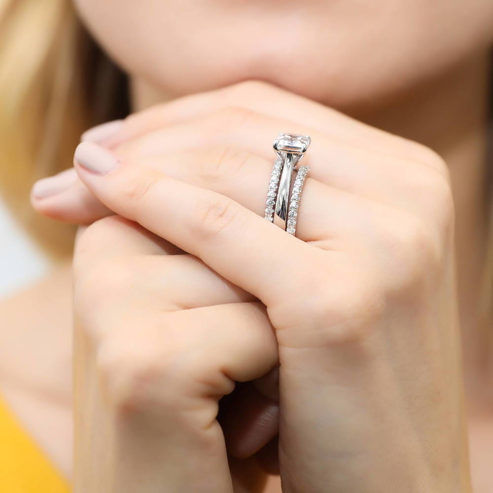 Model wearing East-West Solitaire CZ Ring Set in Sterling Silver