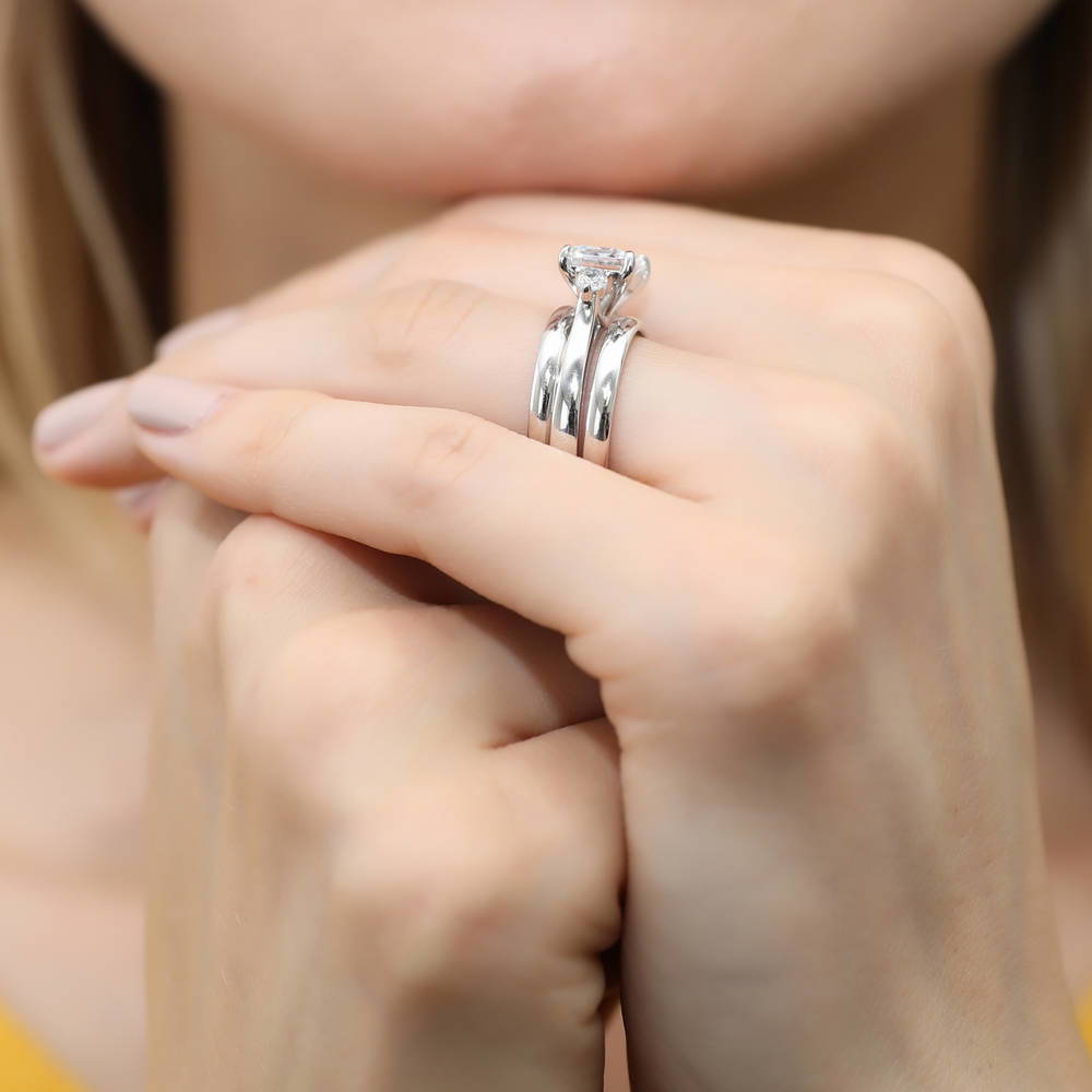 3-Stone East-West Emerald Cut CZ Ring Set in Sterling Silver