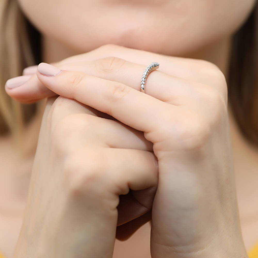 Model wearing Wishbone CZ Curved Half Eternity Ring in Sterling Silver