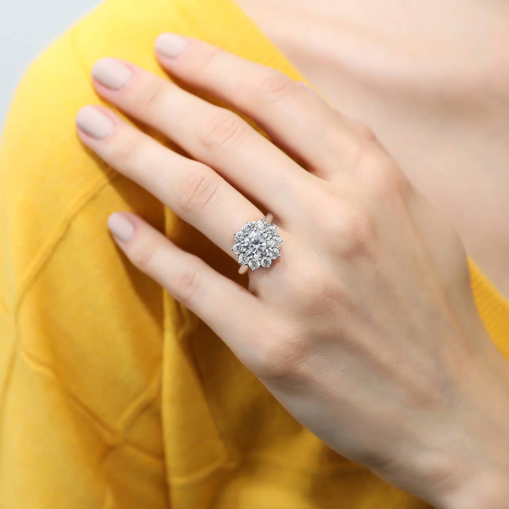 Model wearing Flower Halo CZ Statement Ring in Sterling Silver