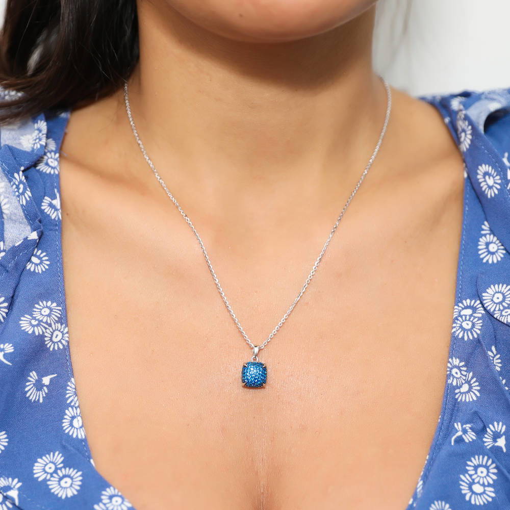 Model wearing Milgrain Blue CZ Necklace and Earrings Set in Sterling Silver, 6 of 9