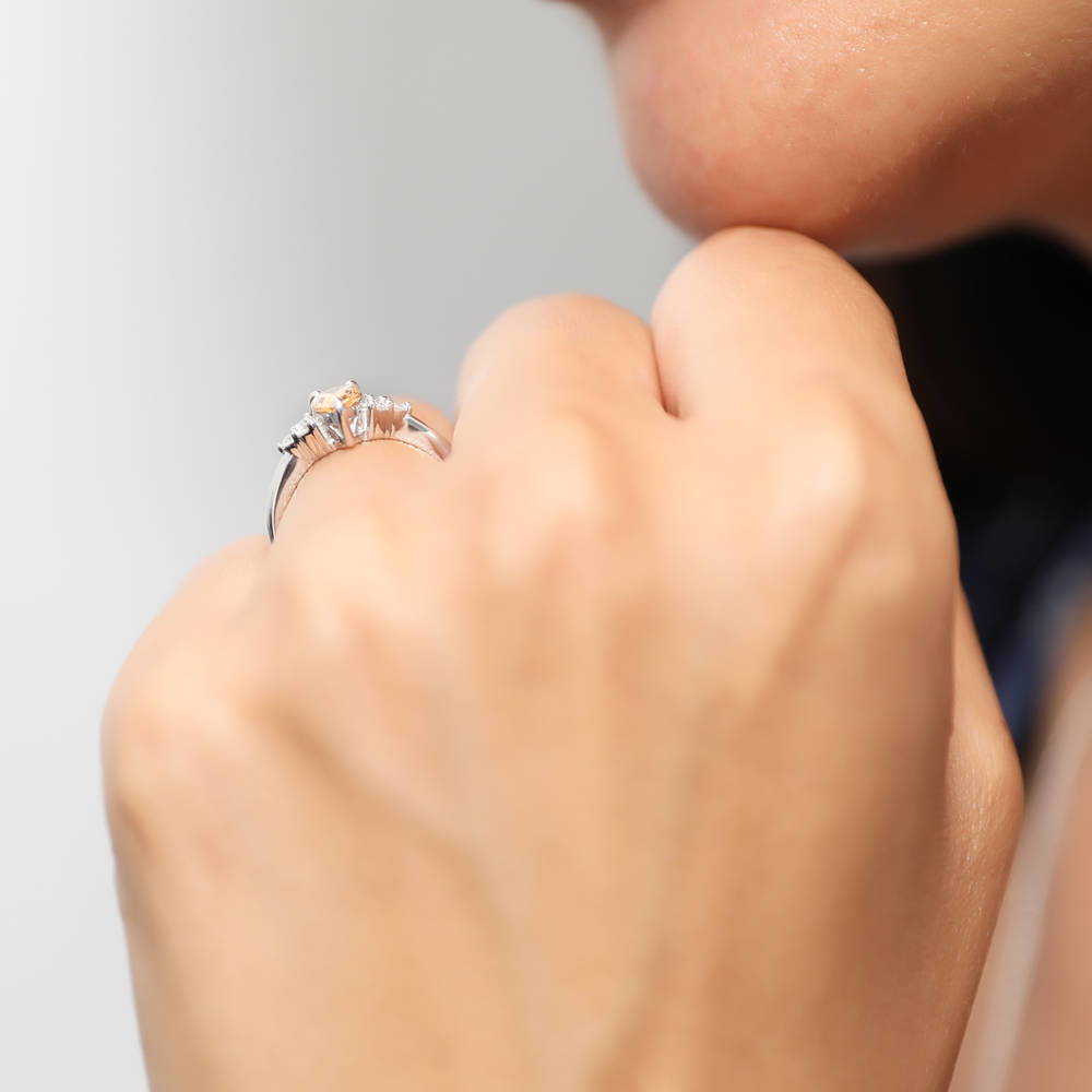 Model wearing Solitaire Yellow Pear CZ Ring in Sterling Silver 0.8ct