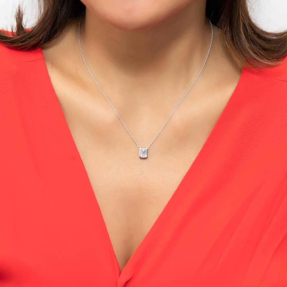 Solitaire 1ct Bezel Set Emerald Cut CZ Necklace in Sterling Silver