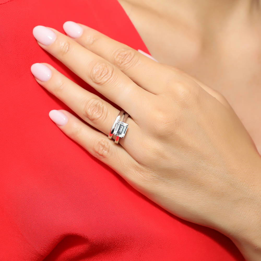 Model wearing East-West Solitaire CZ Ring Set in Sterling Silver