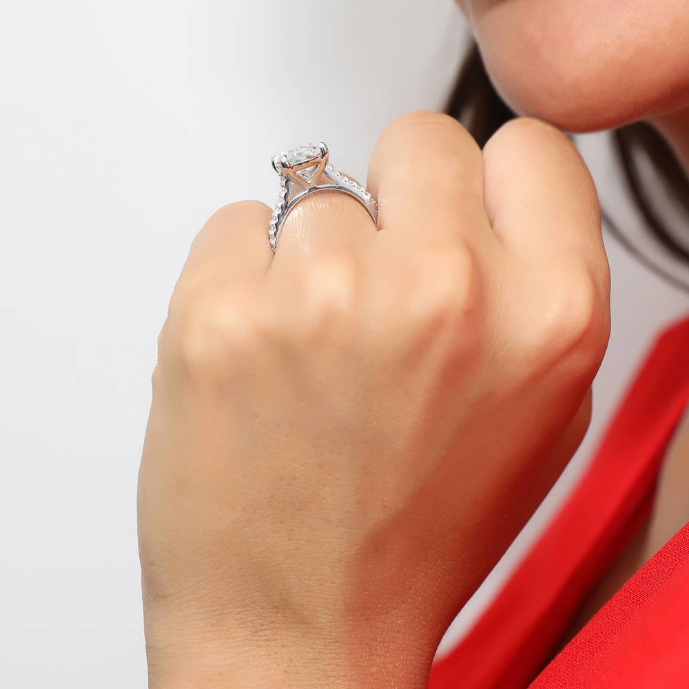 Model wearing Solitaire 5.5ct Oval CZ Statement Ring in Sterling Silver