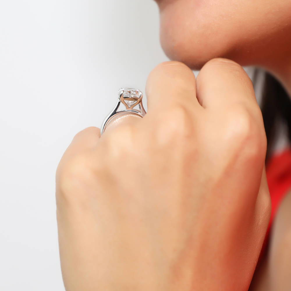 Model wearing Solitaire 5.5ct Oval CZ Statement Ring in Sterling Silver