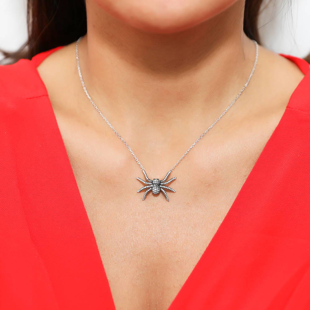 Model wearing Spider CZ Pendant Necklace in Sterling Silver