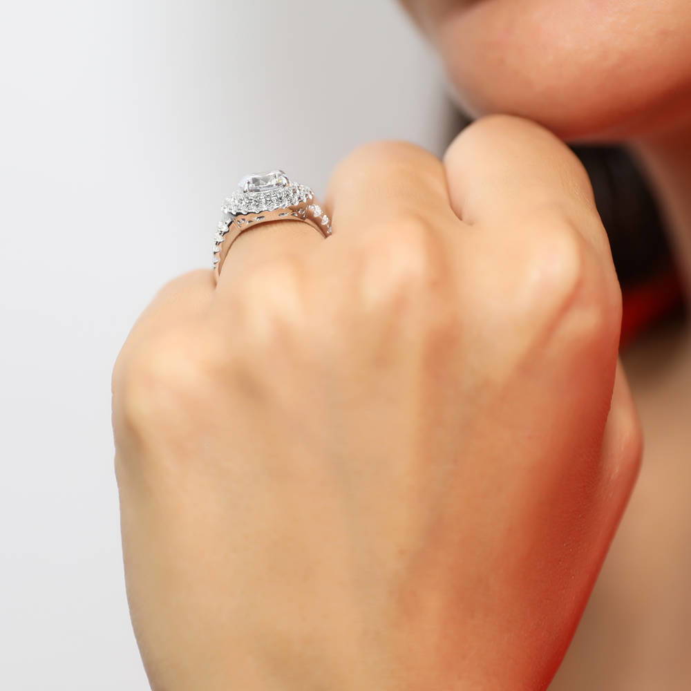 Model wearing Halo Round CZ Statement Split Shank Ring in Sterling Silver