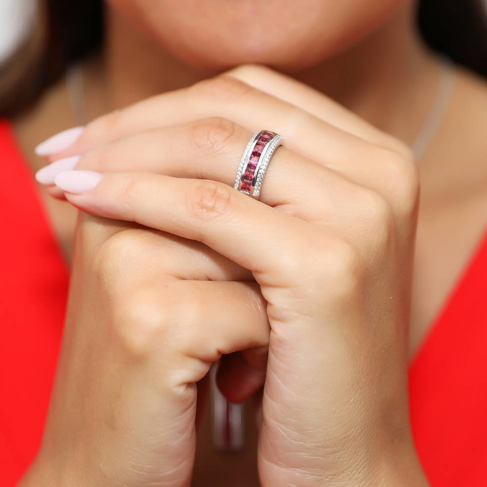 Model wearing Red Channel Set CZ Half Eternity Ring in Sterling Silver