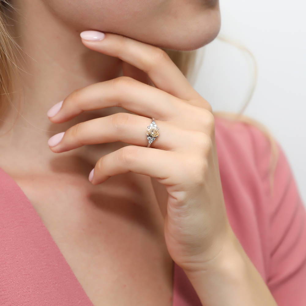 Model wearing Solitaire Yellow Oval CZ Ring in Sterling Silver 1.2ct