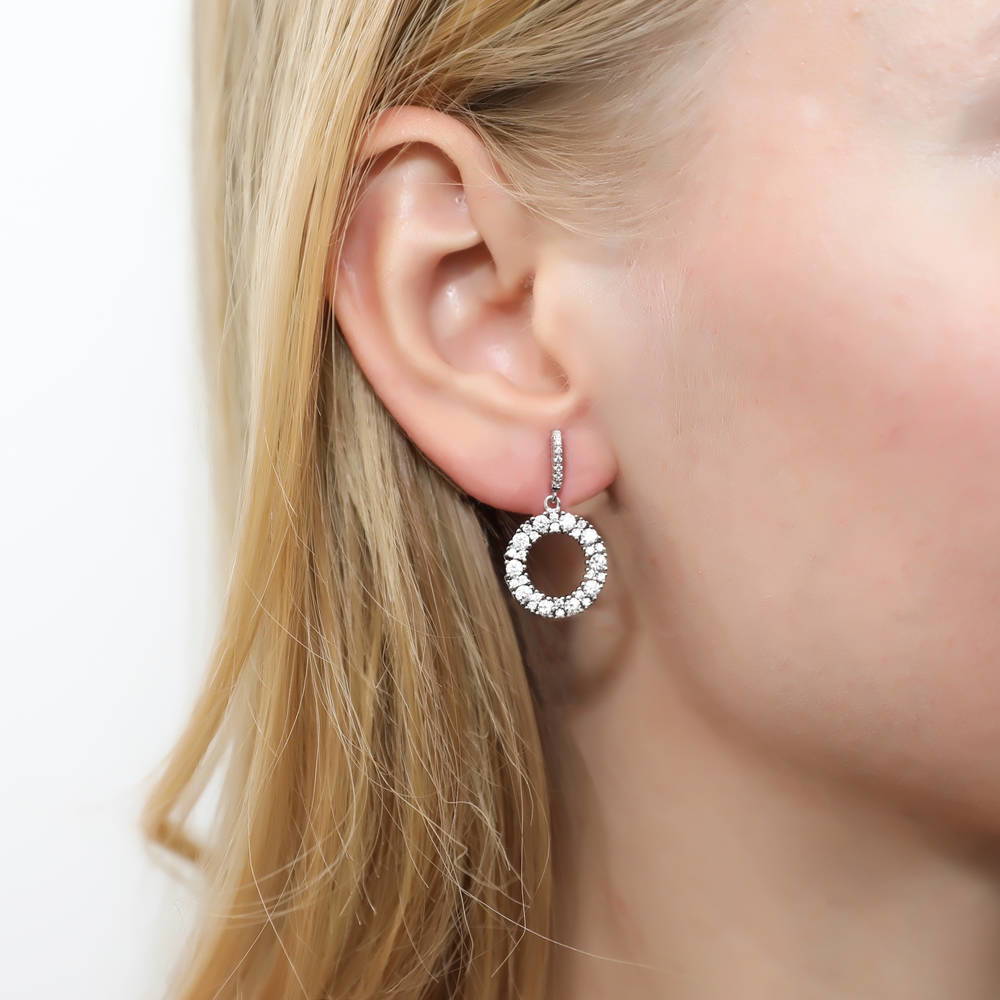 Model wearing Open Circle CZ Dangle Earrings in Sterling Silver