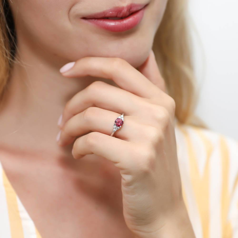 Model wearing Solitaire Red Round CZ Ring in Sterling Silver 0.8ct, 2 of 8