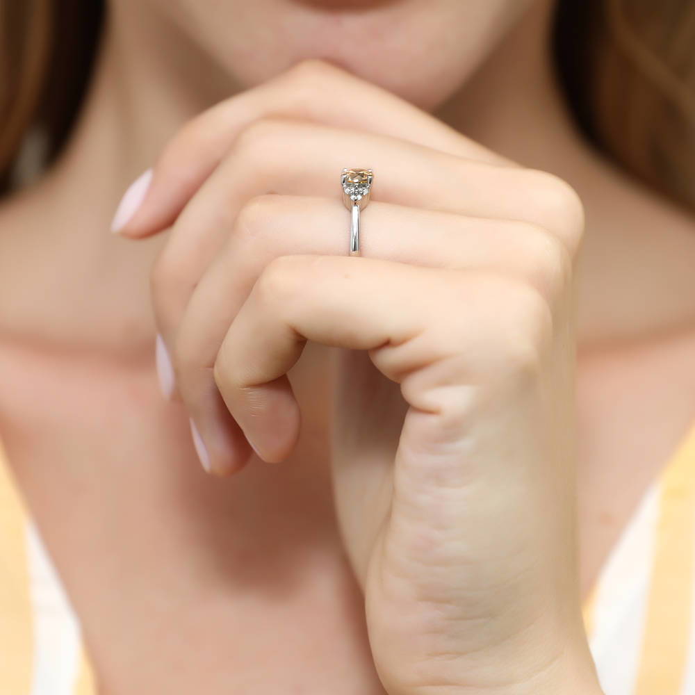 Model wearing Solitaire Yellow Round CZ Ring in Sterling Silver 0.8ct