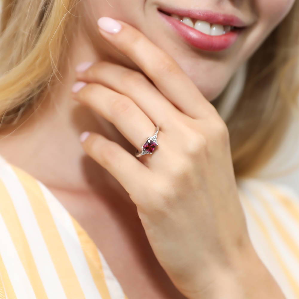 Model wearing Solitaire Red Princess CZ Ring in Sterling Silver 1.2ct, 2 of 8