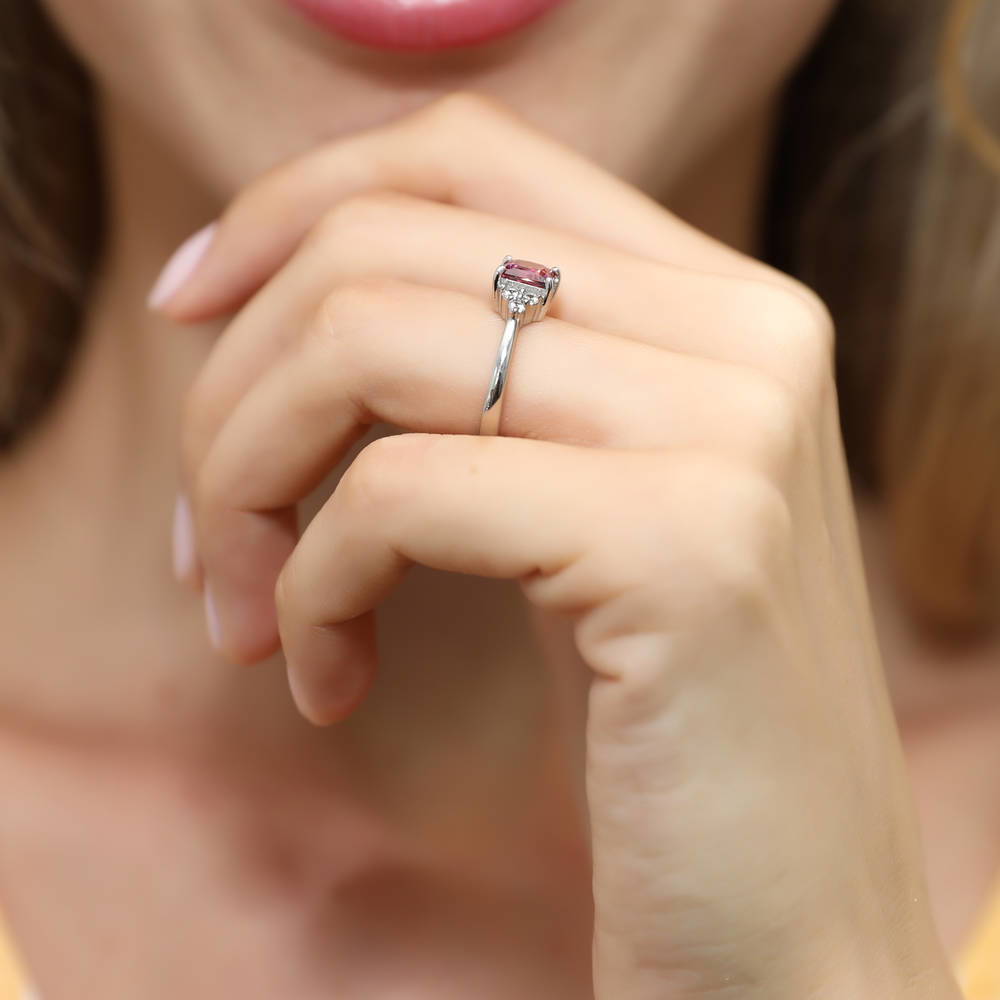 Model wearing Solitaire Red Princess CZ Ring in Sterling Silver 1.2ct, 6 of 8