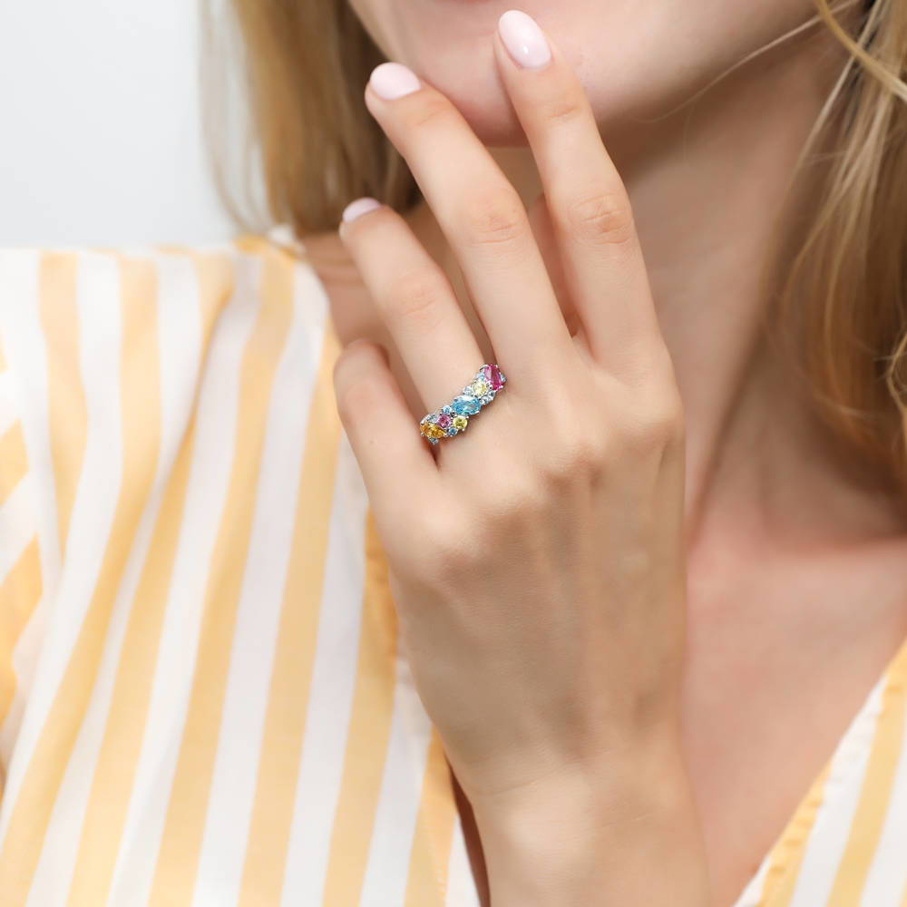 Cluster Multi Color CZ Stackable Band in Sterling Silver