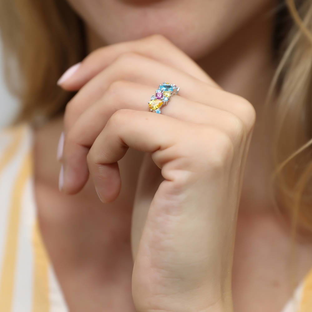 Cluster Multi Color CZ Stackable Band in Sterling Silver