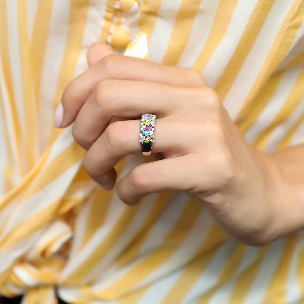 Model wearing Cluster Art Deco Multi Color CZ Ring in Sterling Silver