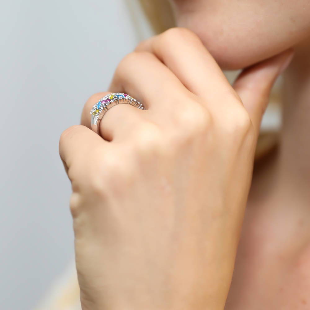 Model wearing Cluster Art Deco Multi Color CZ Ring in Sterling Silver