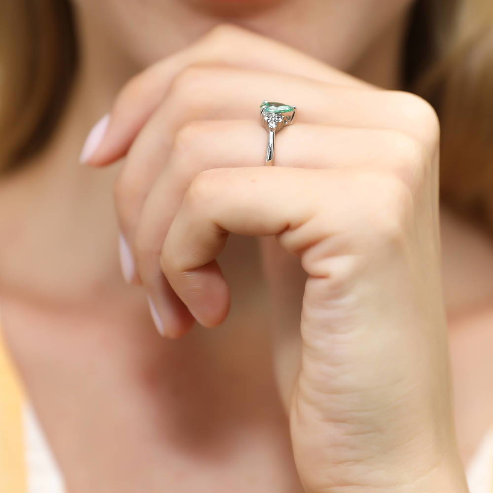 Model wearing Solitaire Green Pear CZ Ring in Sterling Silver 0.8ct, 6 of 8