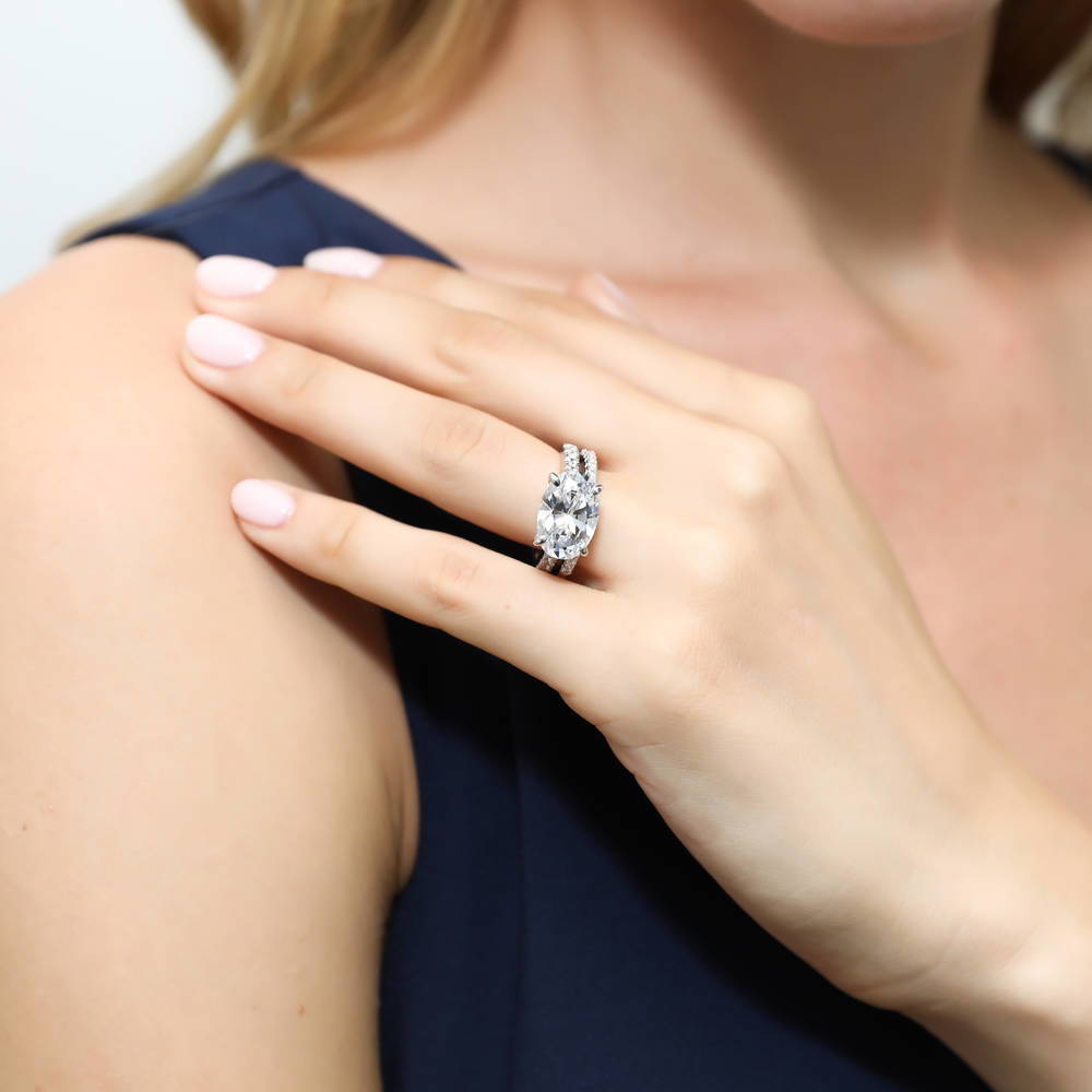 East-West Solitaire CZ Ring Set in Sterling Silver