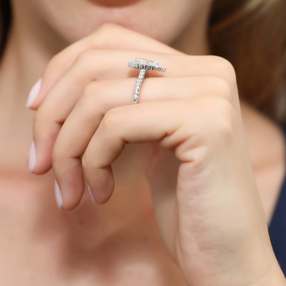 Model wearing Halo Pear CZ Ring in Sterling Silver