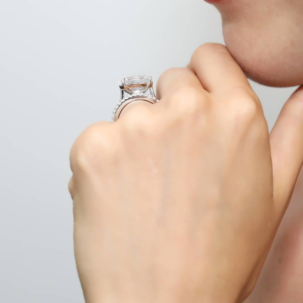 Model wearing East-West Solitaire CZ Ring Set in Sterling Silver