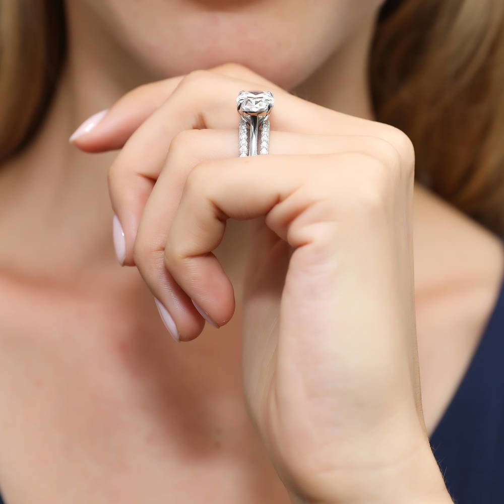 Model wearing East-West Solitaire CZ Ring Set in Sterling Silver