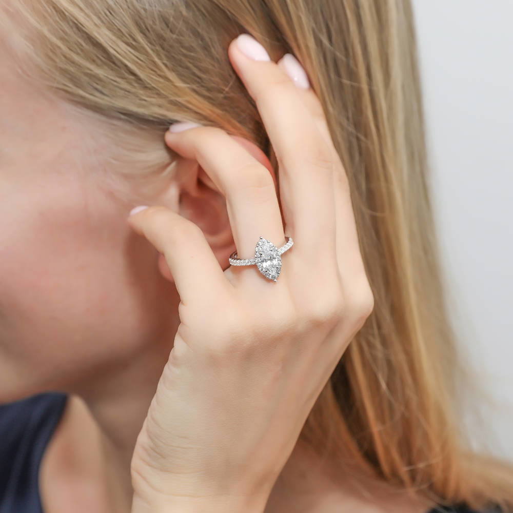 Model wearing Halo Marquise CZ Ring in Sterling Silver