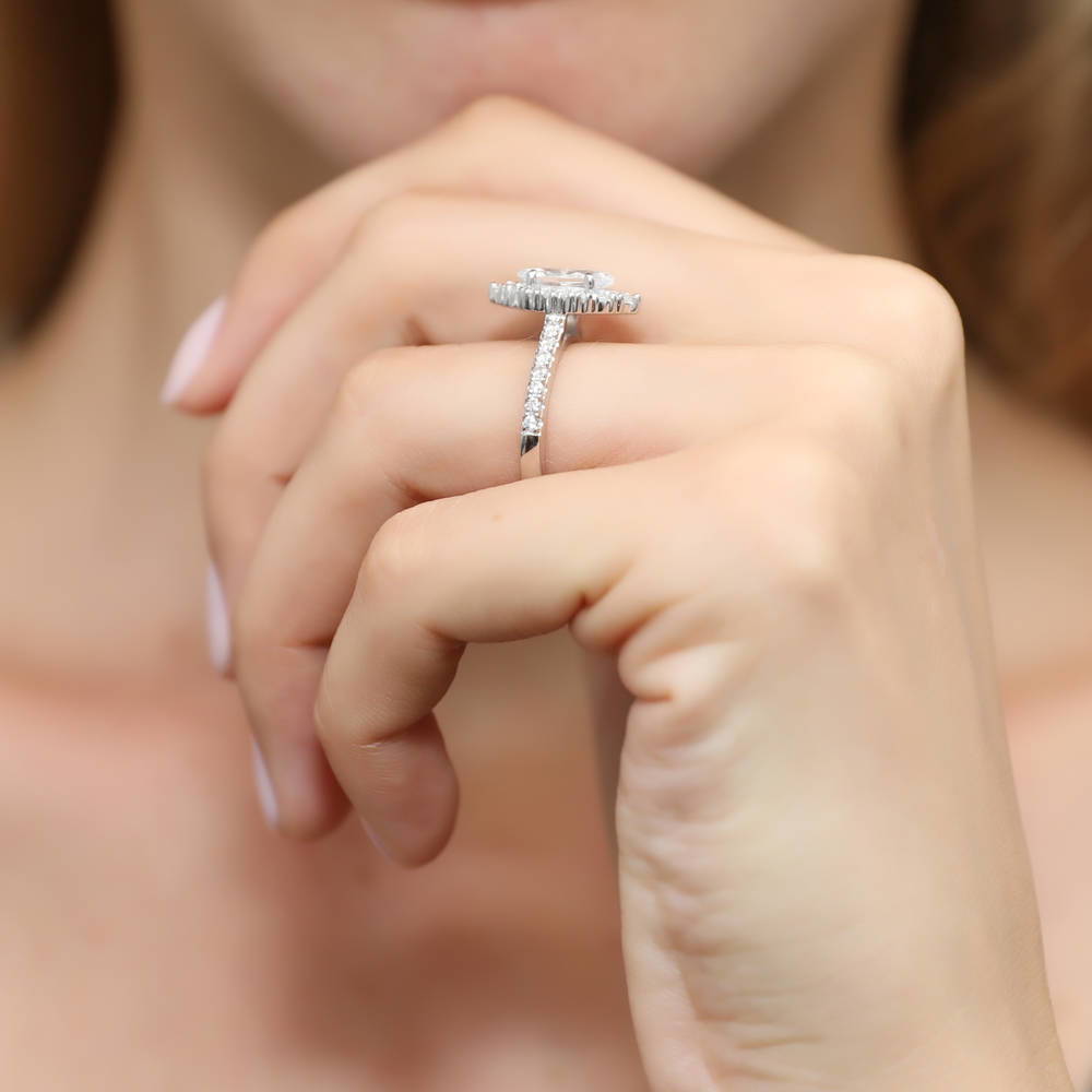 Model wearing Halo Marquise CZ Ring in Sterling Silver