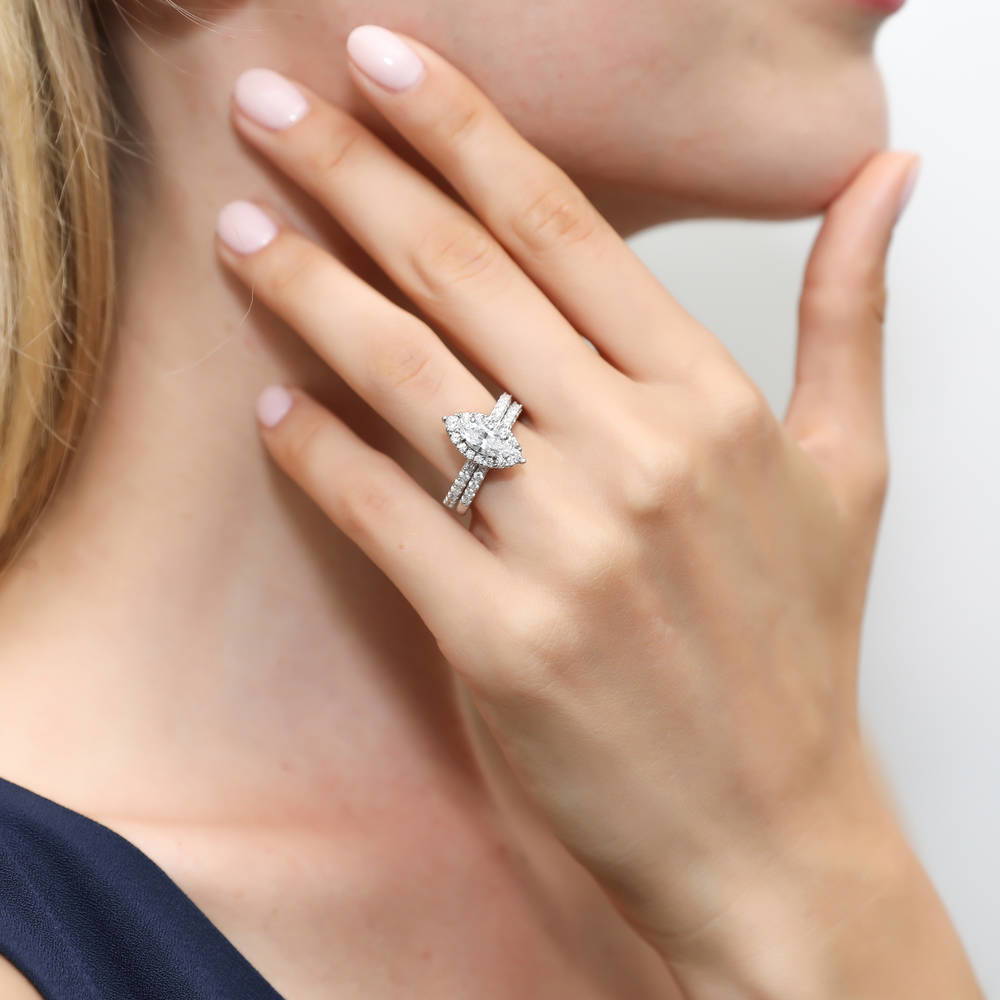 Model wearing Halo Marquise CZ Ring Set in Sterling Silver, 2 of 12