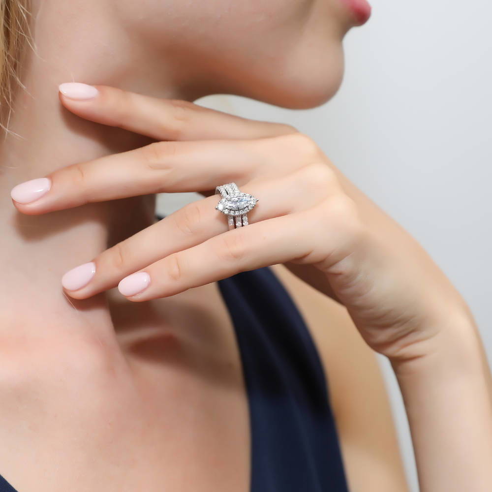 Model wearing Halo Marquise CZ Ring Set in Sterling Silver