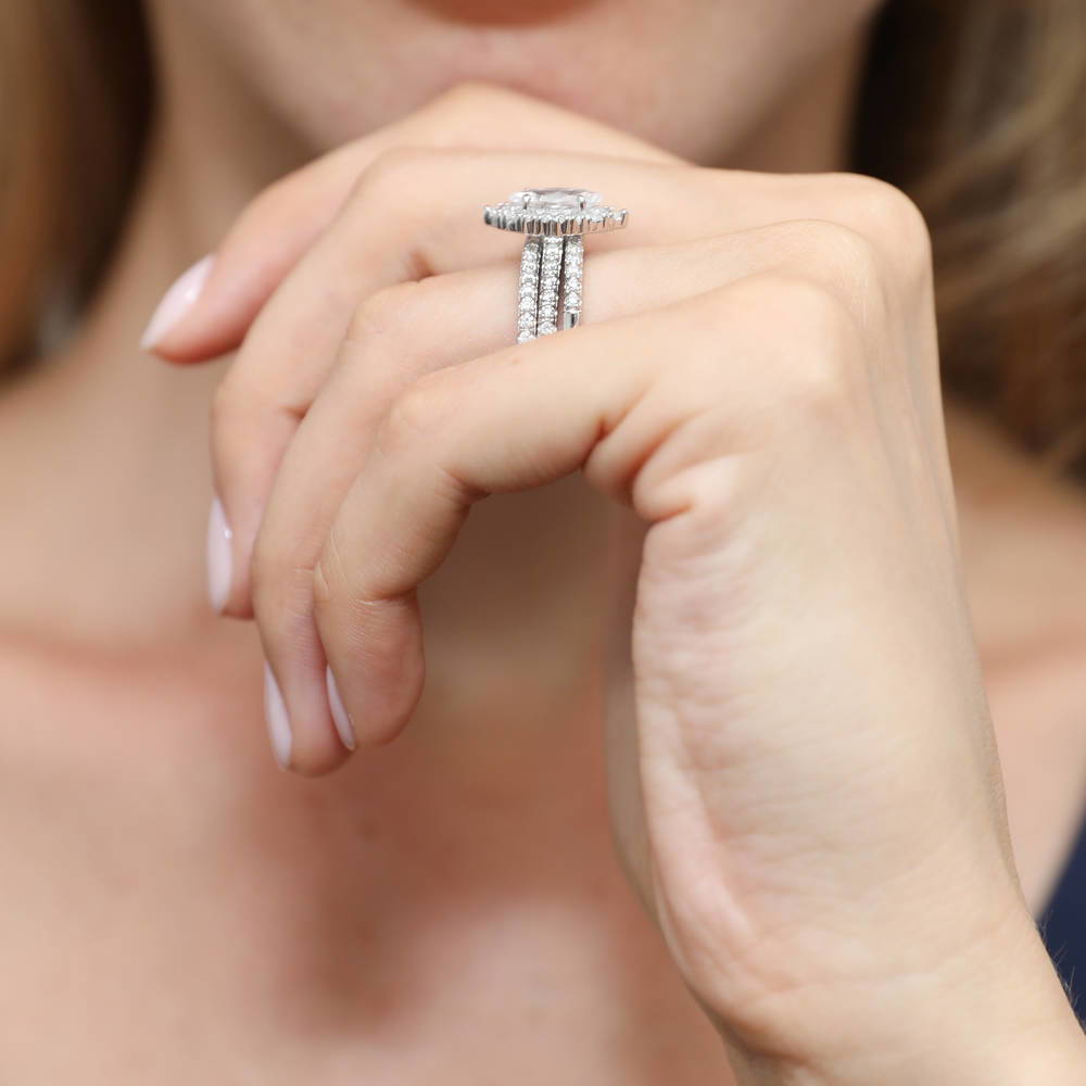 Model wearing Halo Marquise CZ Ring Set in Sterling Silver