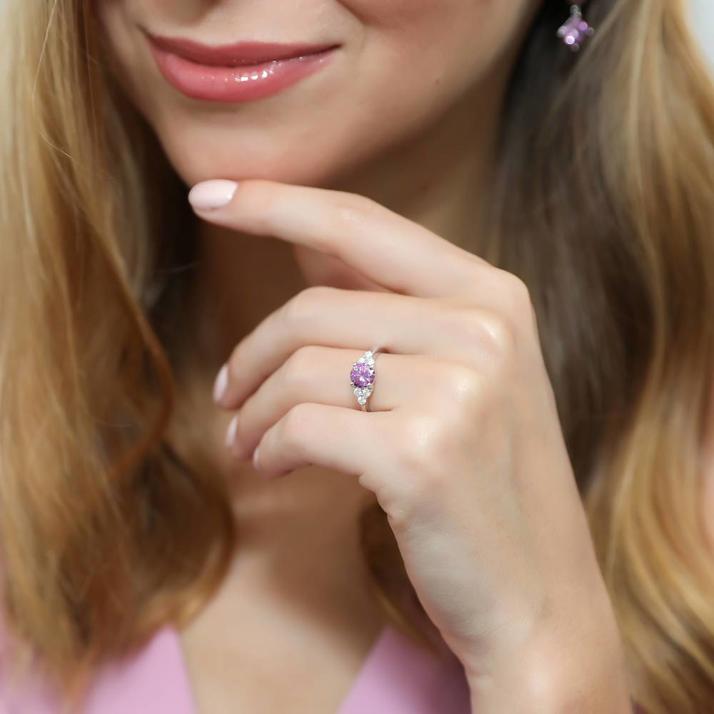 Model wearing Solitaire Purple Round CZ Ring in Sterling Silver 0.8ct, 2 of 8