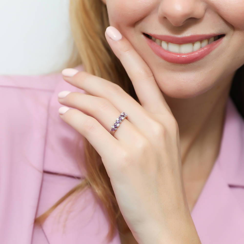 Model wearing Flower Cluster Purple CZ Stackable Band in Sterling Silver