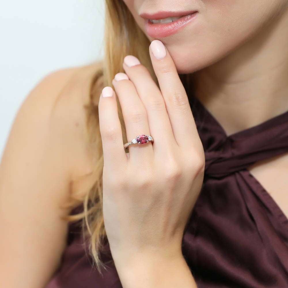 Model wearing 3-Stone East-West Red Oval CZ Ring in Sterling Silver, 2 of 8