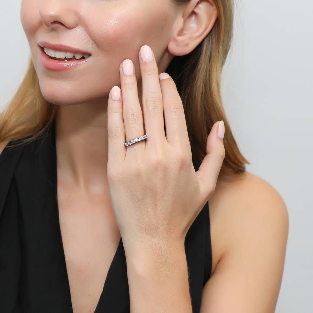 Model wearing 7-Stone CZ Half Eternity Ring in Sterling Silver