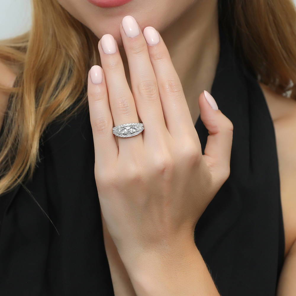 Model wearing Art Deco CZ Ring in Sterling Silver